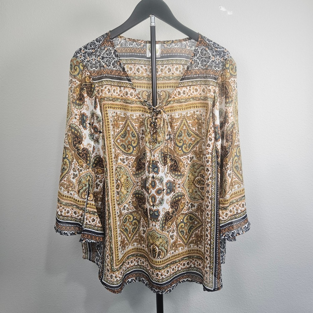 Fig and Flower Blouse Women 2X Paisley Lace Up V-Neck Boho Peasant PAT1007W